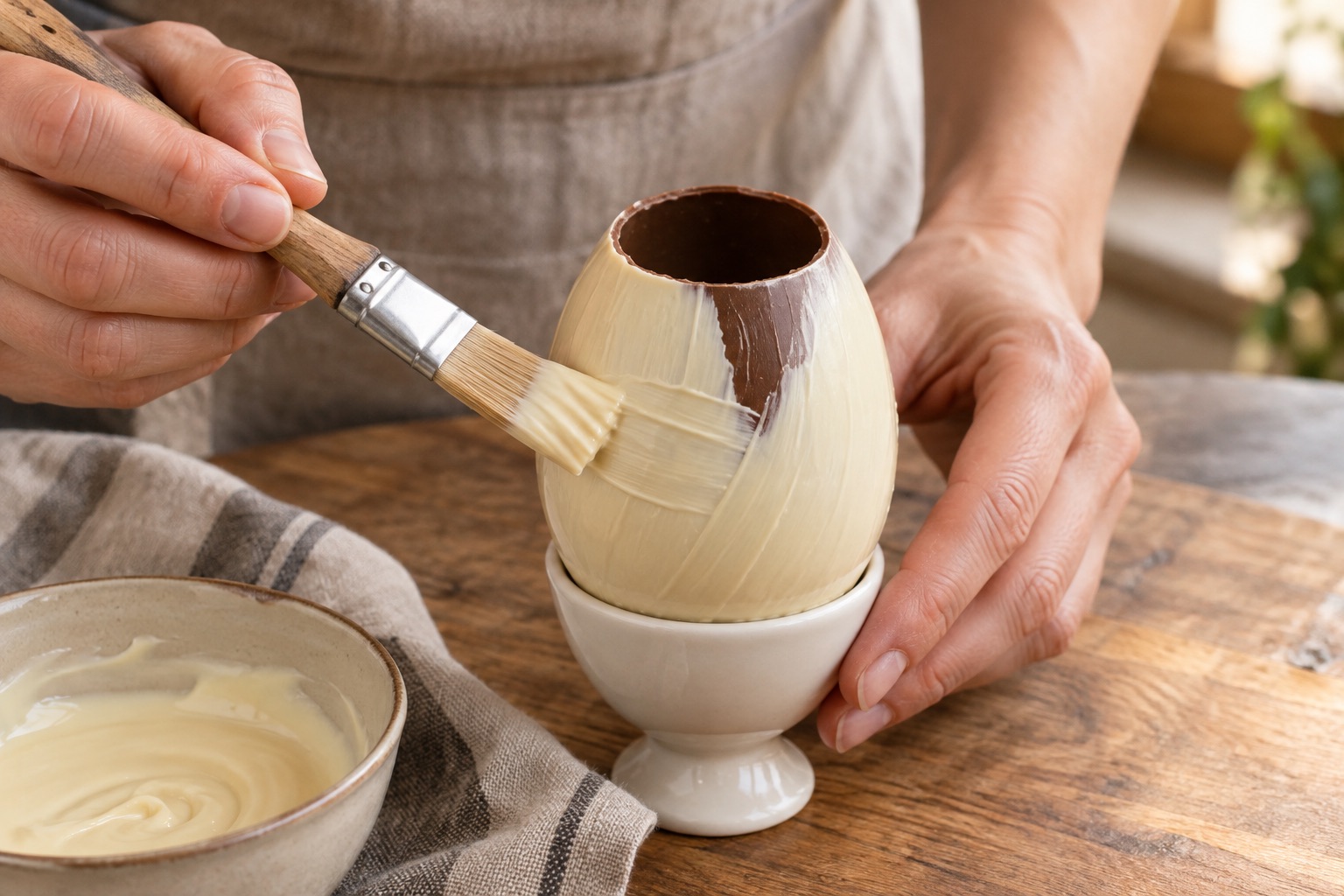 Aplicación con pincel de chocolate blanco sobre un huevo hueco de chocolate