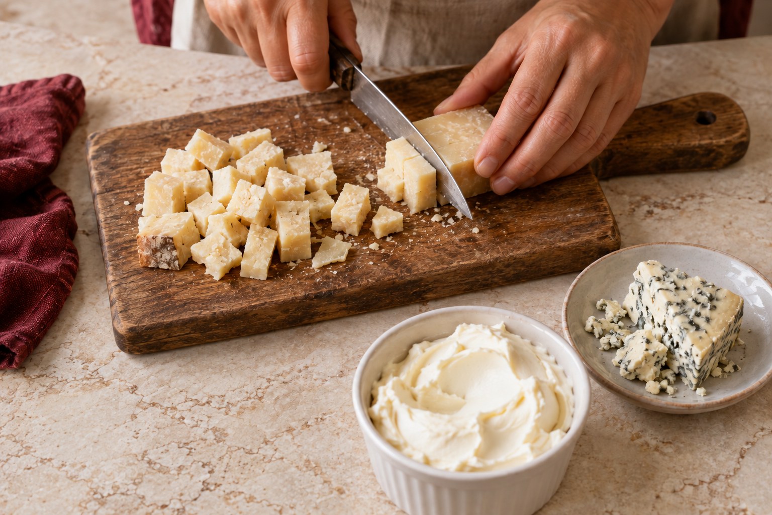 Cortar el queso de oveja curado en trozos pequeños