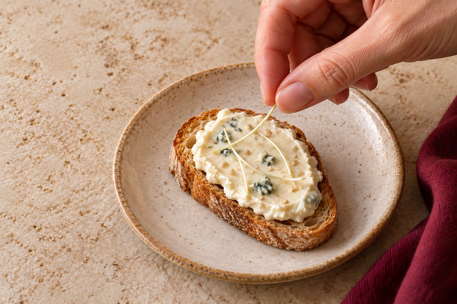 Colocar unos pocos tallos claros sobre una tostada ya untada con crema de queso