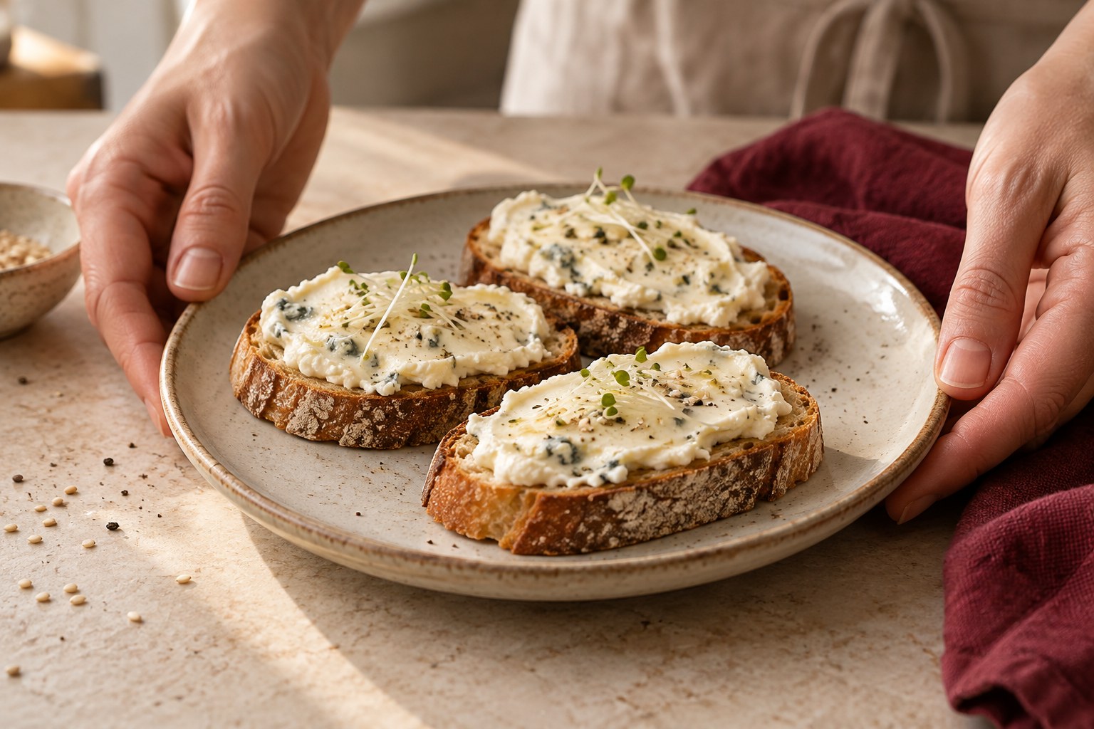 Tres tostadas con crema de queso, unos pocos brotes finos y sésamo blanco