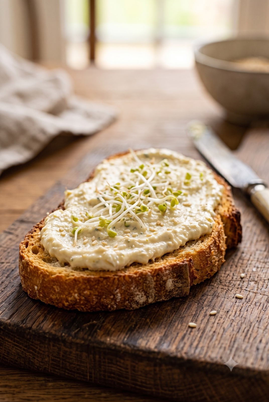 Tostada con crema de queso, brotes finos y sésamo blanco: la versión del libro de Susana