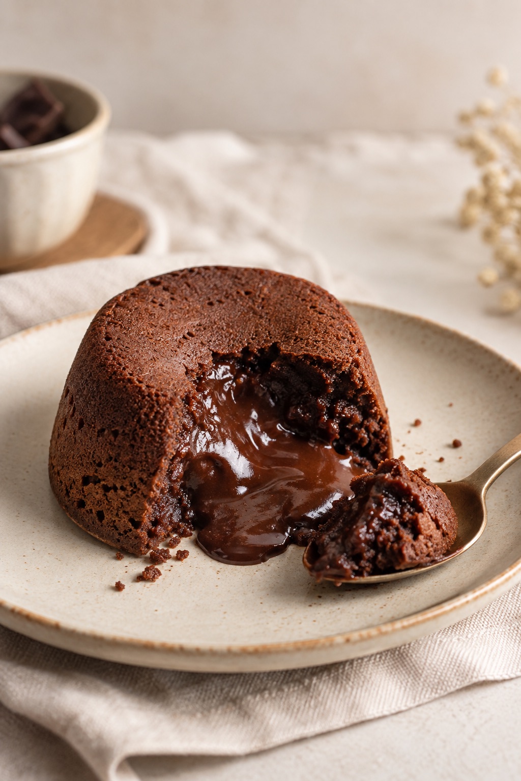 Coulant de chocolate abierto con el corazón fundido sobre un plato.