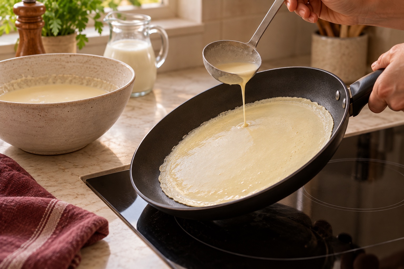 Manos inclinando una sartén y repartiendo una capa fina de masa de crepes