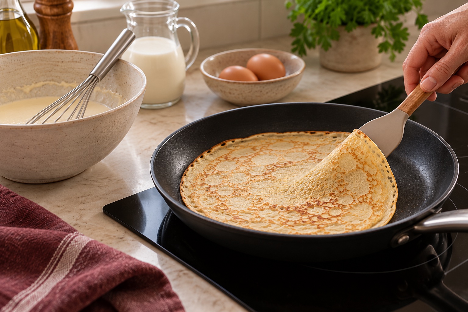 Espátula levantando el borde de un crepe dorado para darle la vuelta