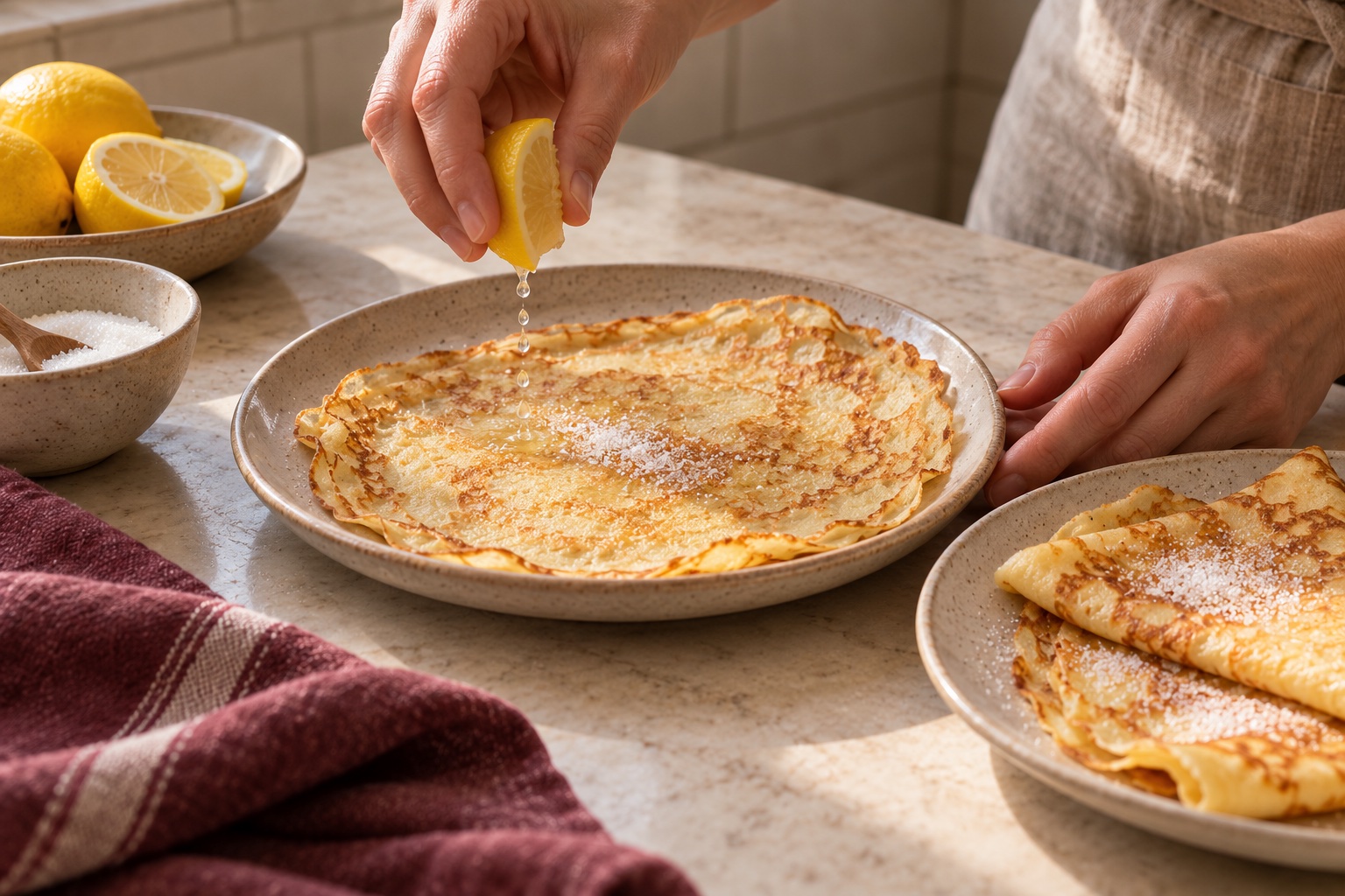 Manos añadiendo unas gotas de limón a un crepe con azúcar