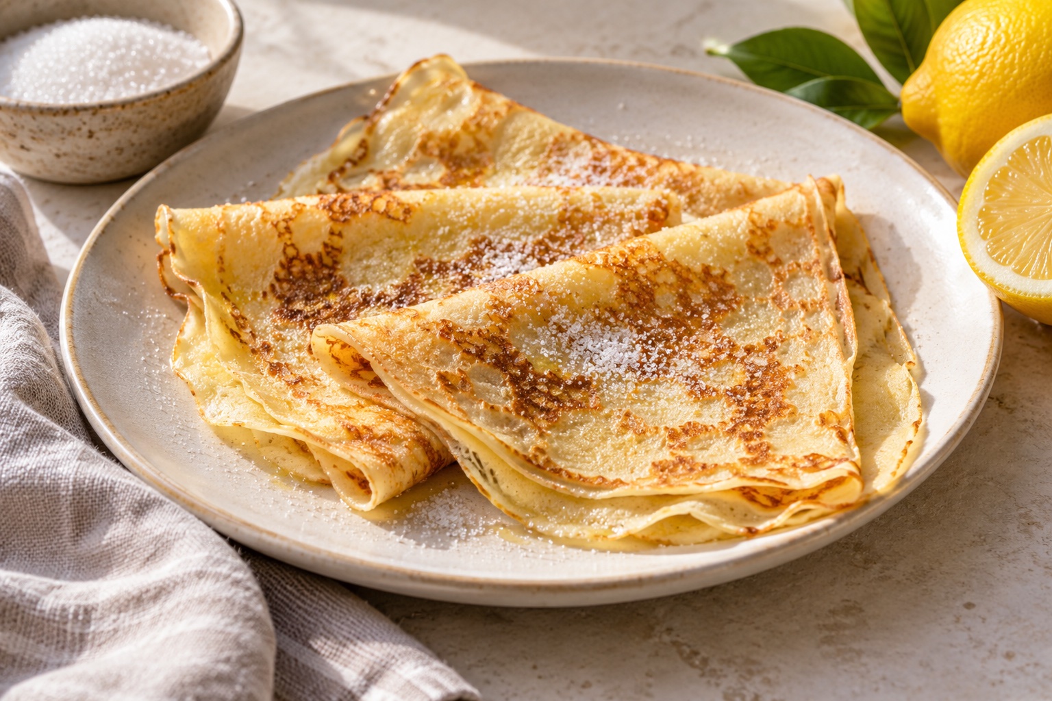 Crepes finos doblados sobre un plato de cerámica, con azúcar y limón