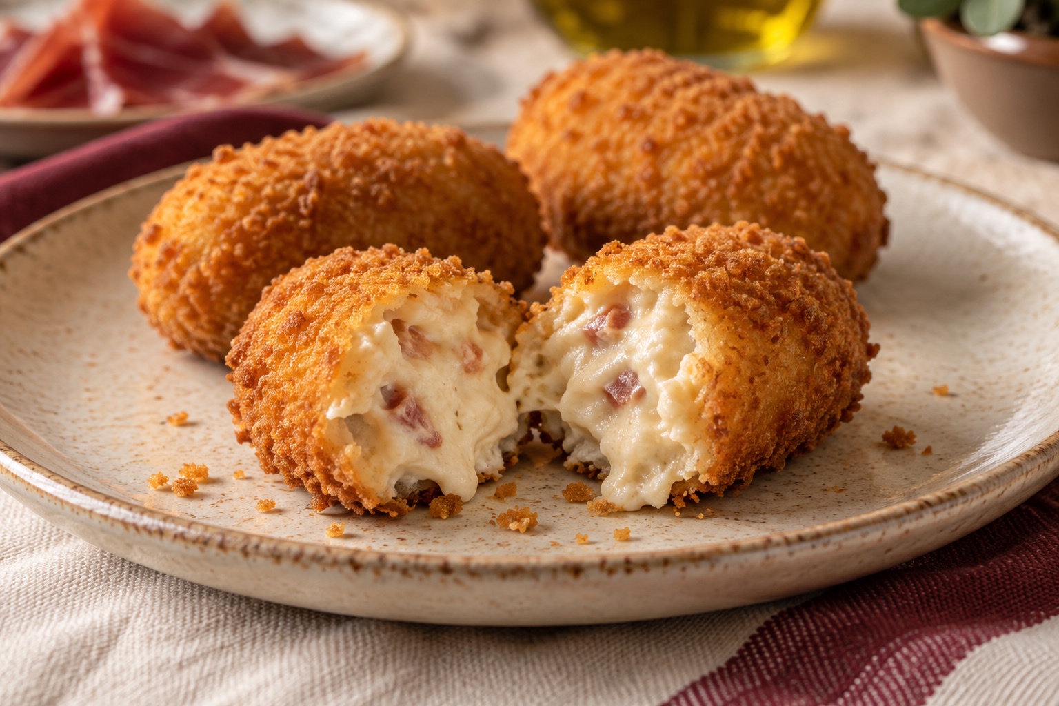 Croqueta abierta con corteza dorada e interior cremoso