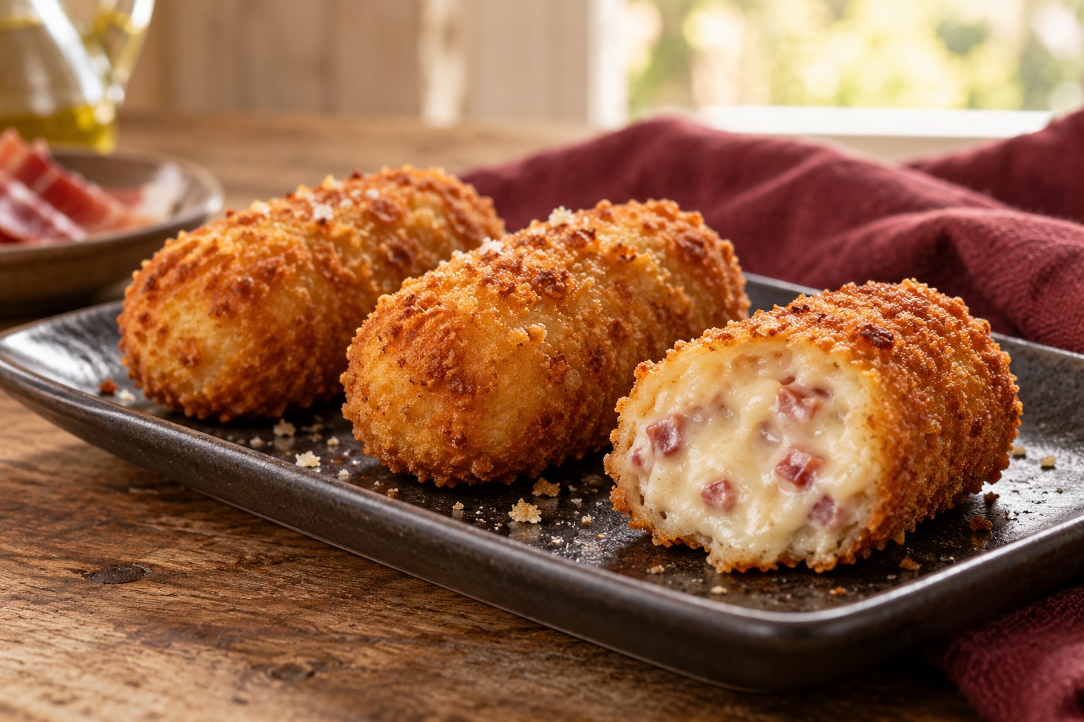 Croquetas de jamón en un plato oscuro