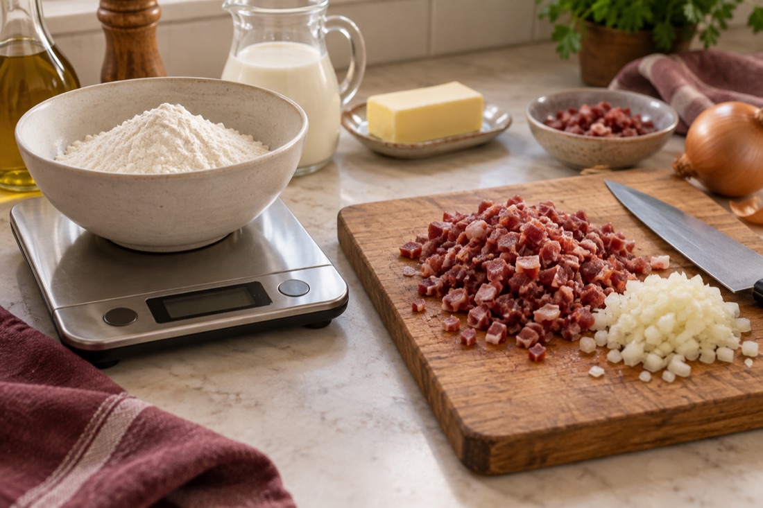 Báscula, bol de harina y tabla con jamón y cebolleta picados