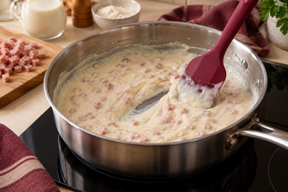 Espátula removiendo bechamel con jamón en una cazuela