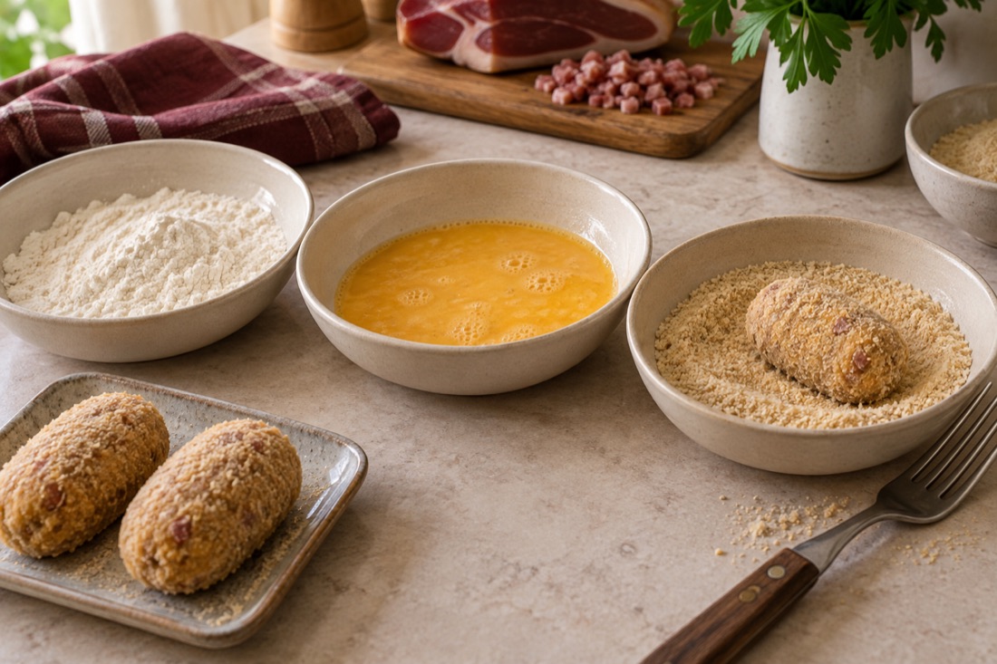 Tres cuencos de harina, huevo y pan rallado junto a croquetas empanadas