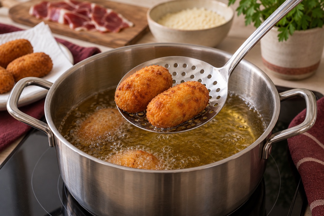 Espumadera levantando croquetas doradas sobre un cazo con aceite