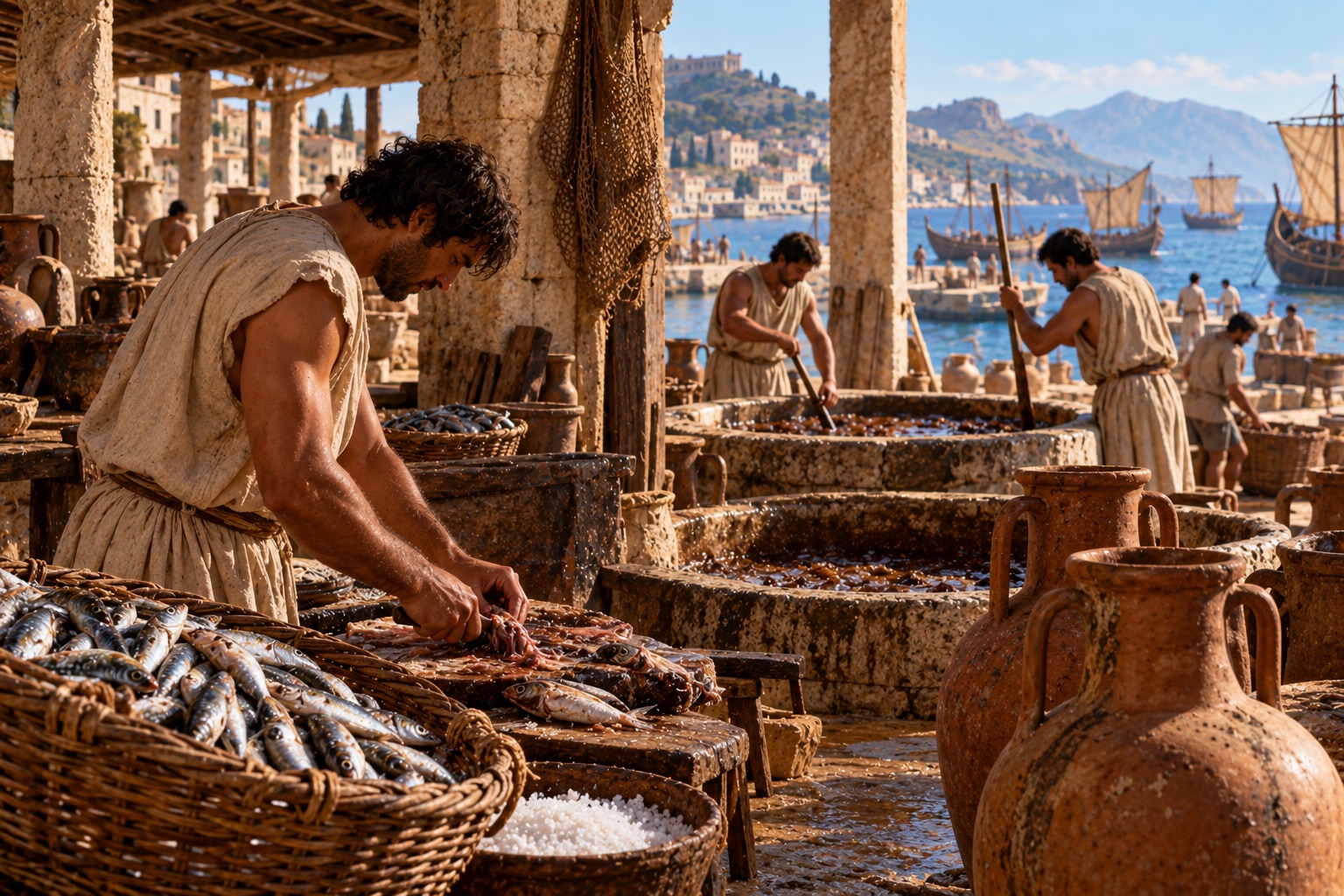 Trabajadores preparando pescado junto a cubas y ánforas en un taller costero