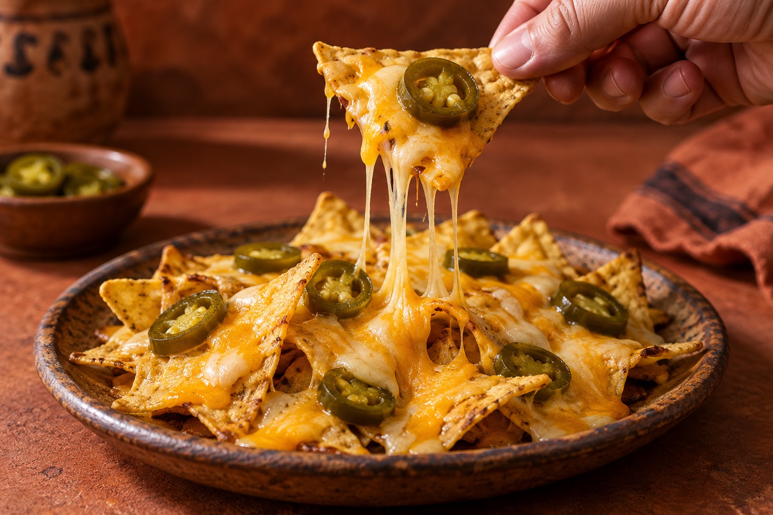 Nachos con queso fundido y jalapeño
