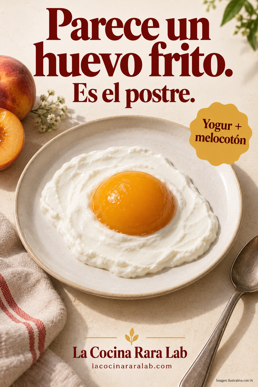 Ilustración con IA de yogur blanco y una mitad de melocotón simulando un huevo frito. Texto: Parece un huevo frito. Es el postre.