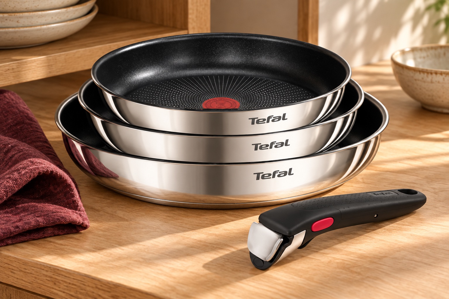 Tres sartenes Tefal apiladas con su mango extraíble a un lado