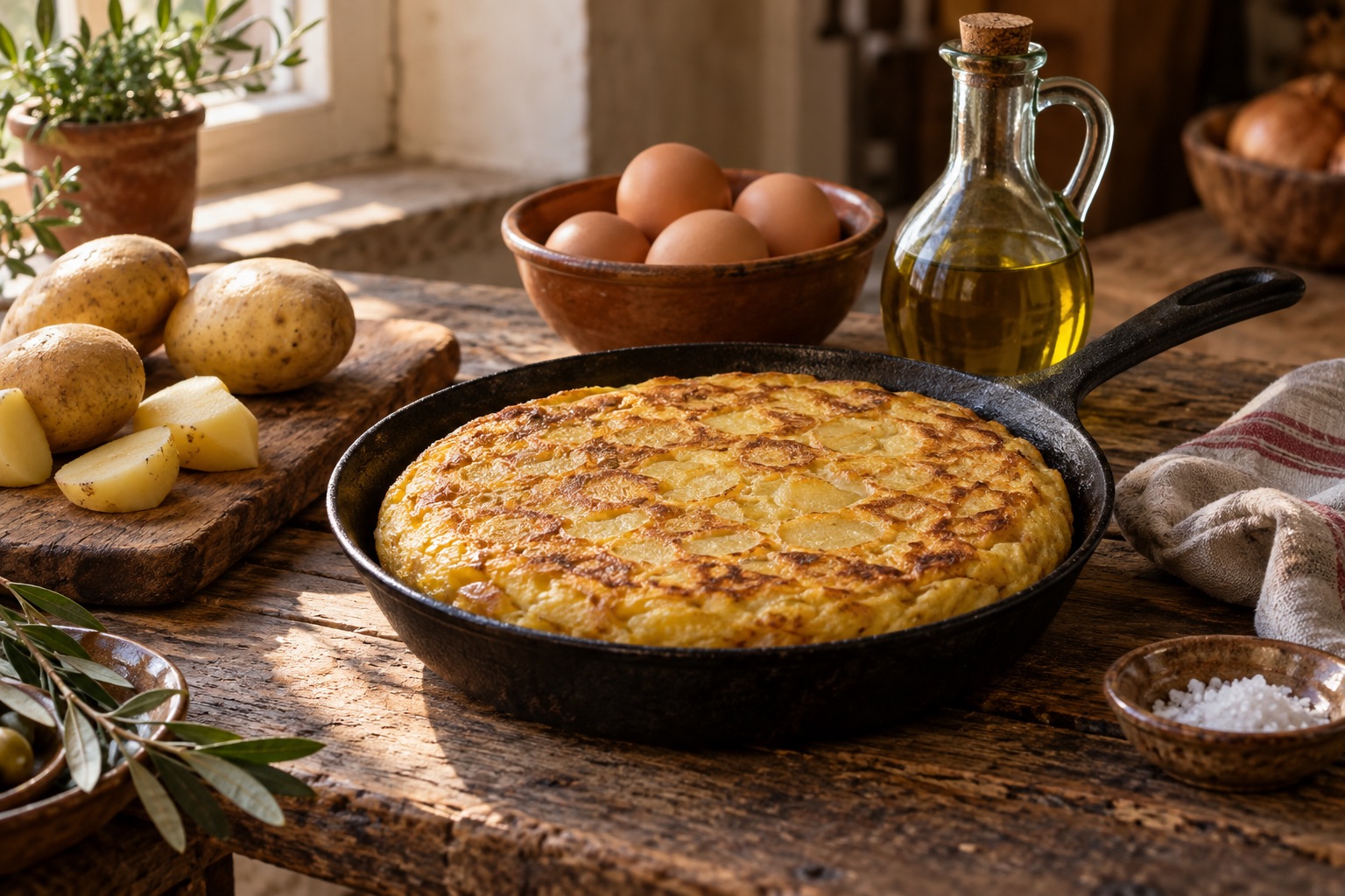 Ilustración de tortilla de patatas y sus ingredientes