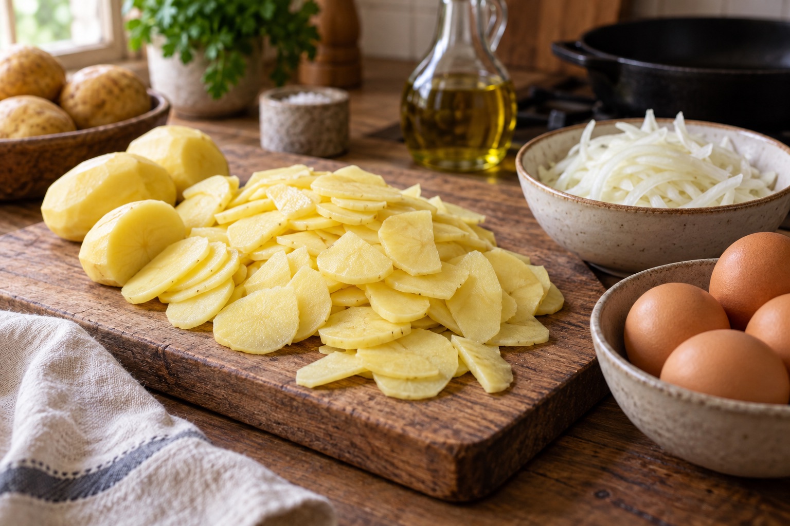 Patatas cortadas en láminas, huevos y cebolla separada en un cuenco