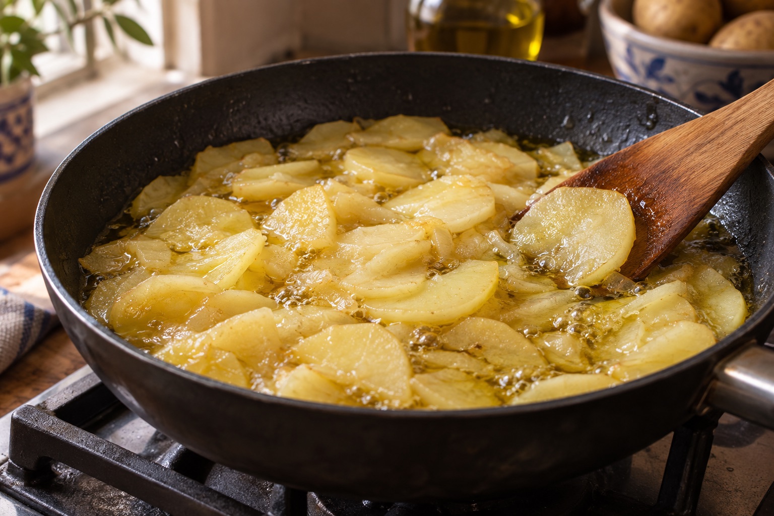 Láminas de patata pochándose suavemente en aceite de oliva