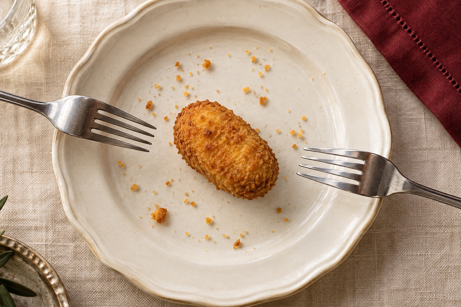Una última croqueta en un plato, entre dos tenedores que se acercan